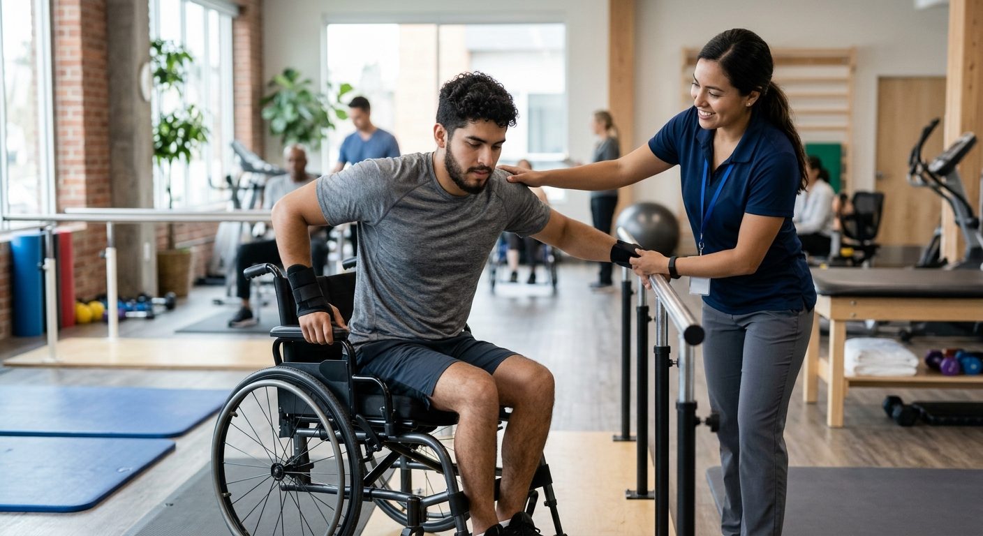 Joven en silla de ruedas durante sesión de rehabilitación con terapeuta físico.