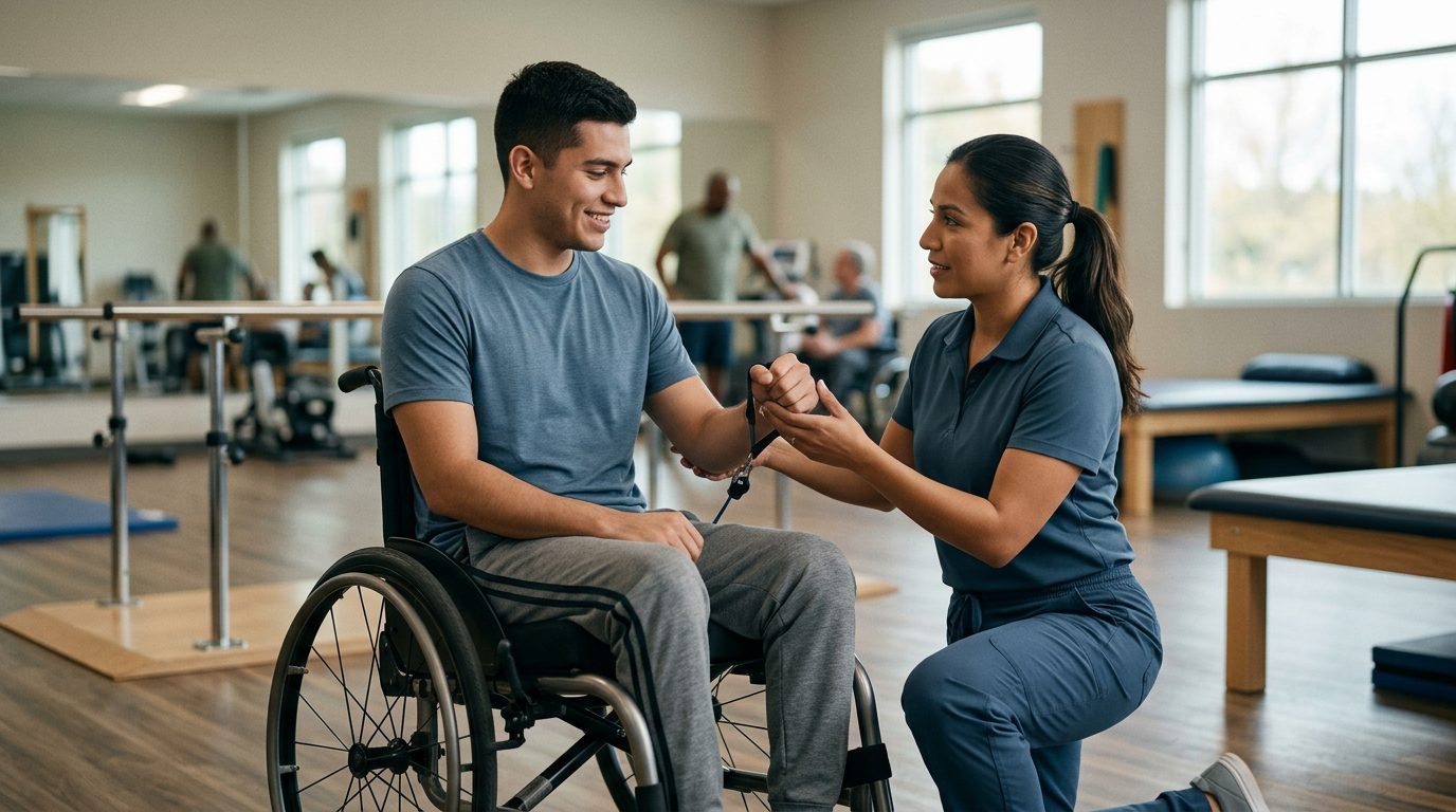 Joven en silla de ruedas durante sesión de rehabilitación con terapeuta físico.