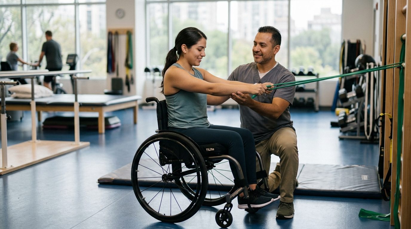 Joven en silla de ruedas durante sesión de rehabilitación con terapeuta físico.