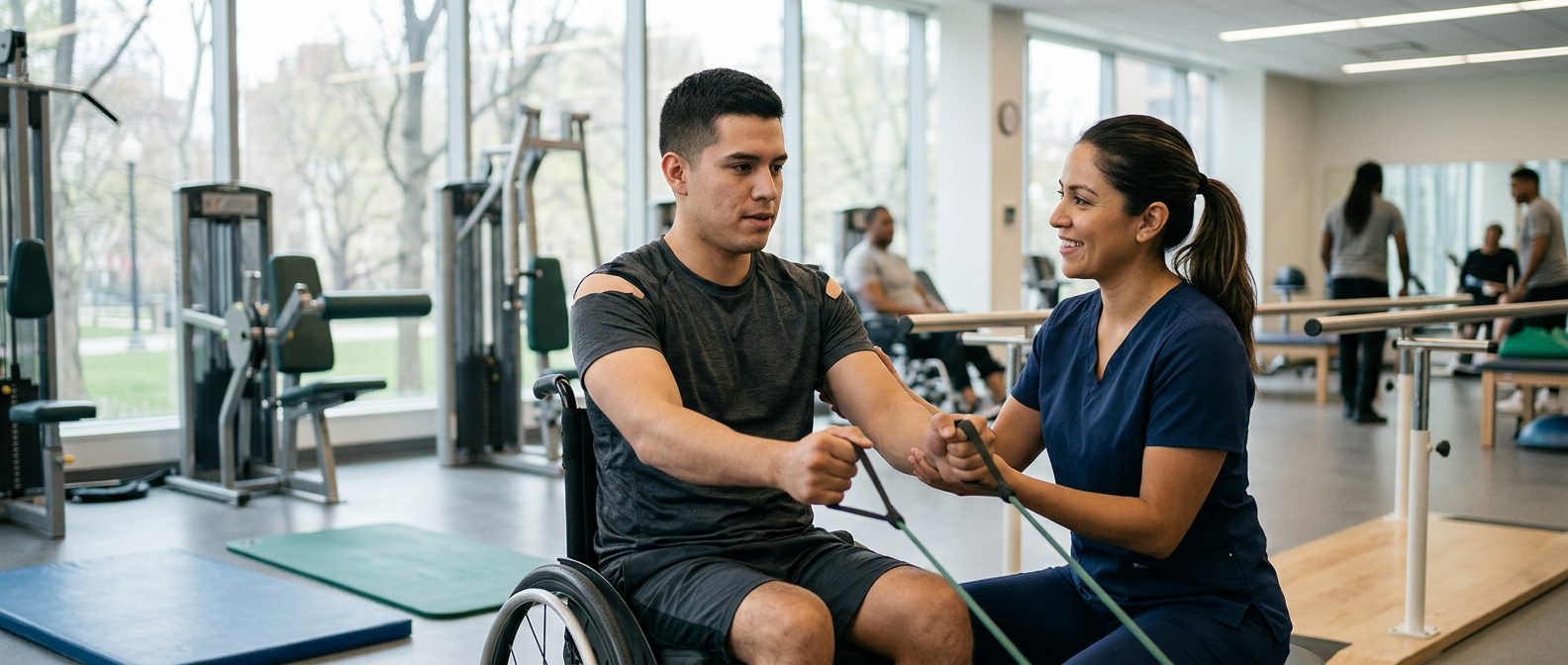 Joven en silla de ruedas durante sesión de rehabilitación con fisioterapeuta en gimnasio.