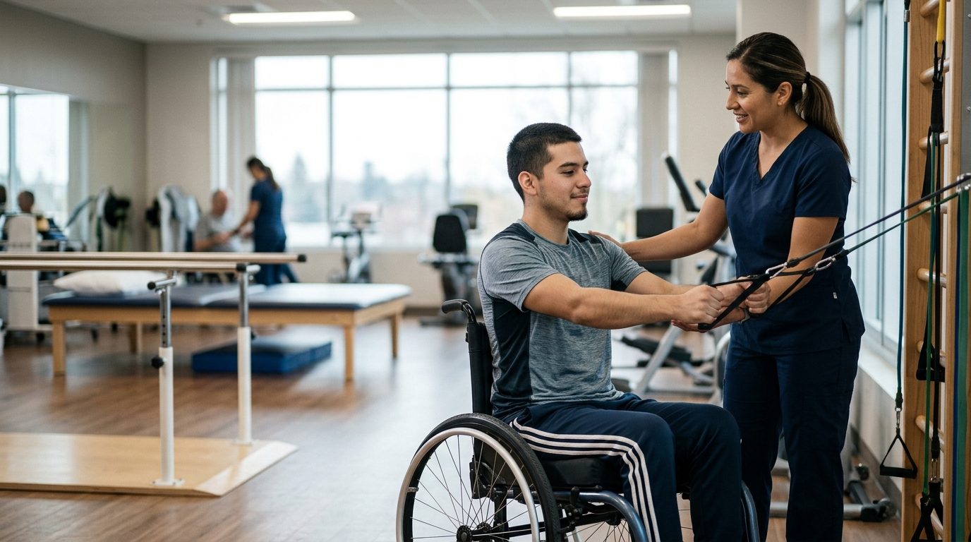 Joven en silla de ruedas durante sesión de rehabilitación con terapeuta físico.