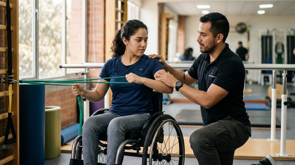 Joven en silla de ruedas durante sesión de rehabilitación con terapeuta físico.