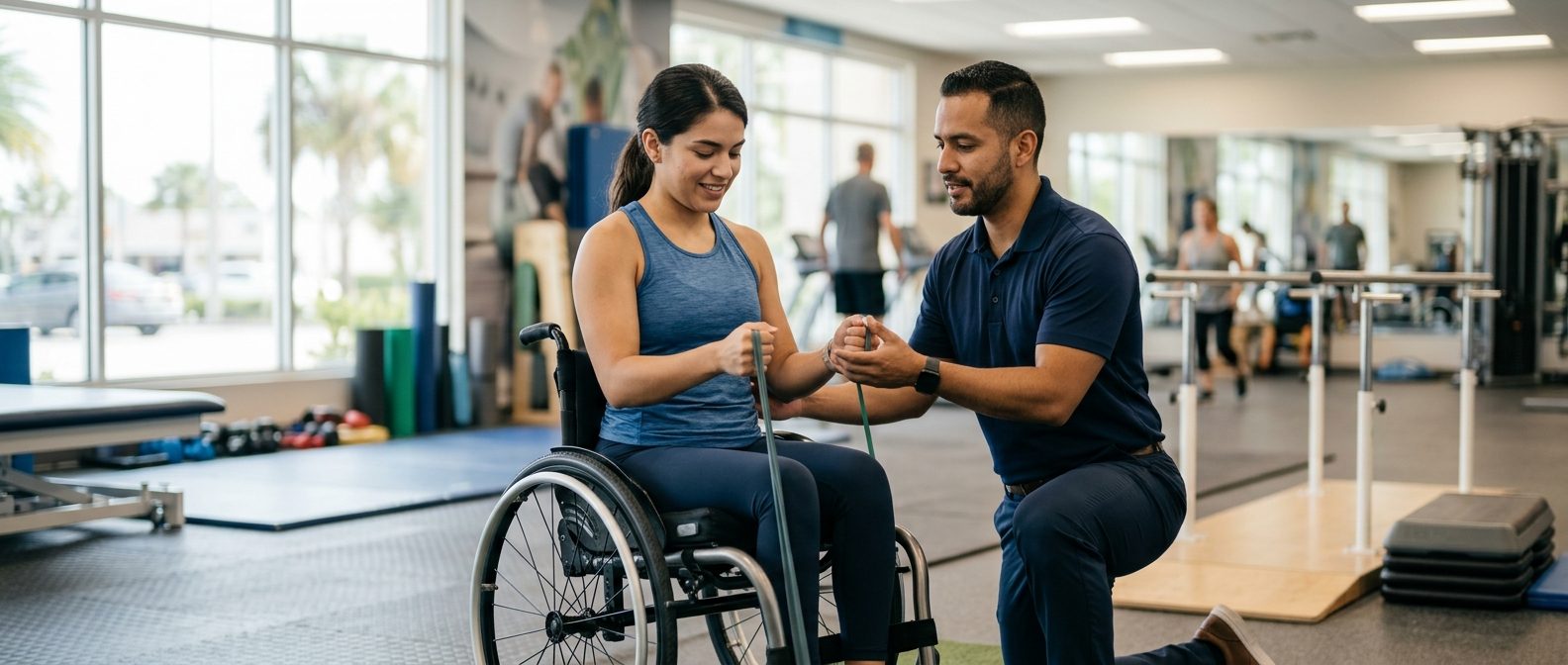 Joven en silla de ruedas durante sesión de rehabilitación con terapeuta físico.