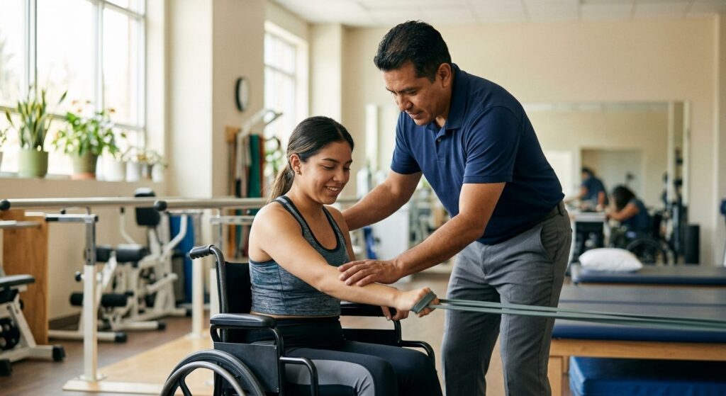 Joven en silla de ruedas durante sesión de rehabilitación con terapeuta físico.