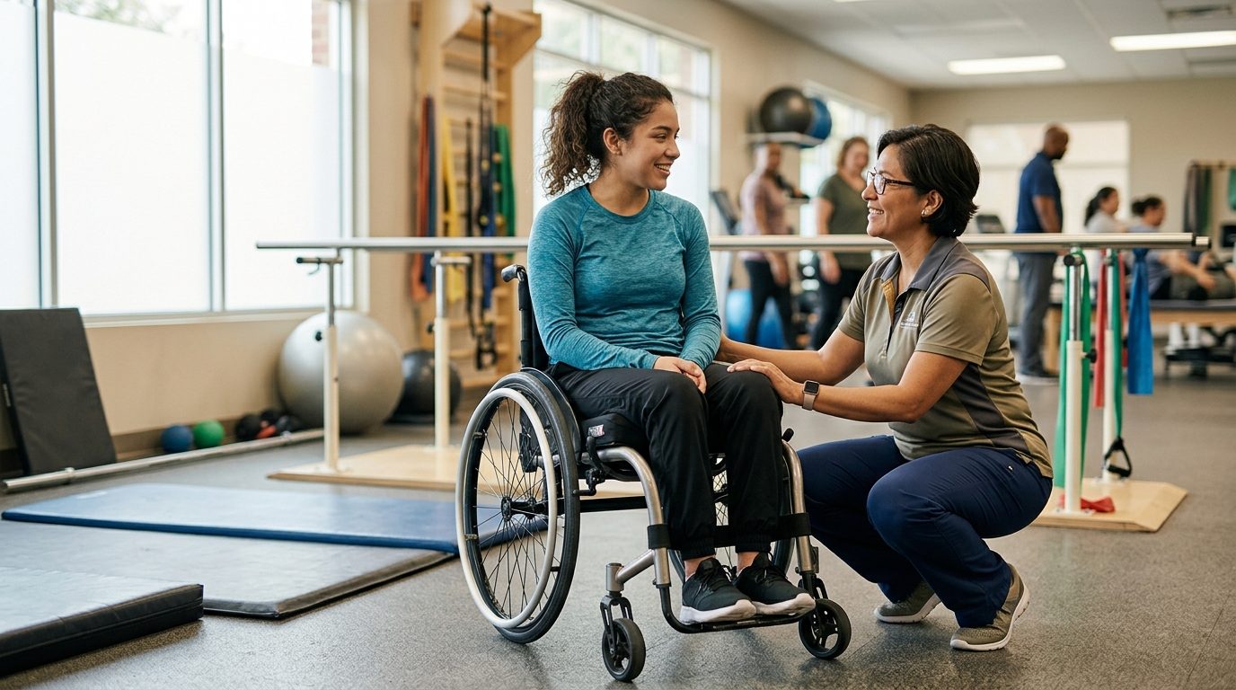 Joven en silla de ruedas durante sesión de rehabilitación con terapeuta físico.