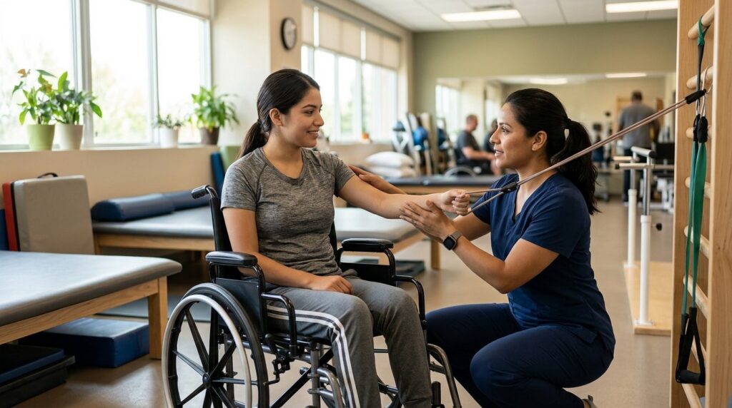 Joven en silla de ruedas durante sesión de rehabilitación con terapeuta físico.
