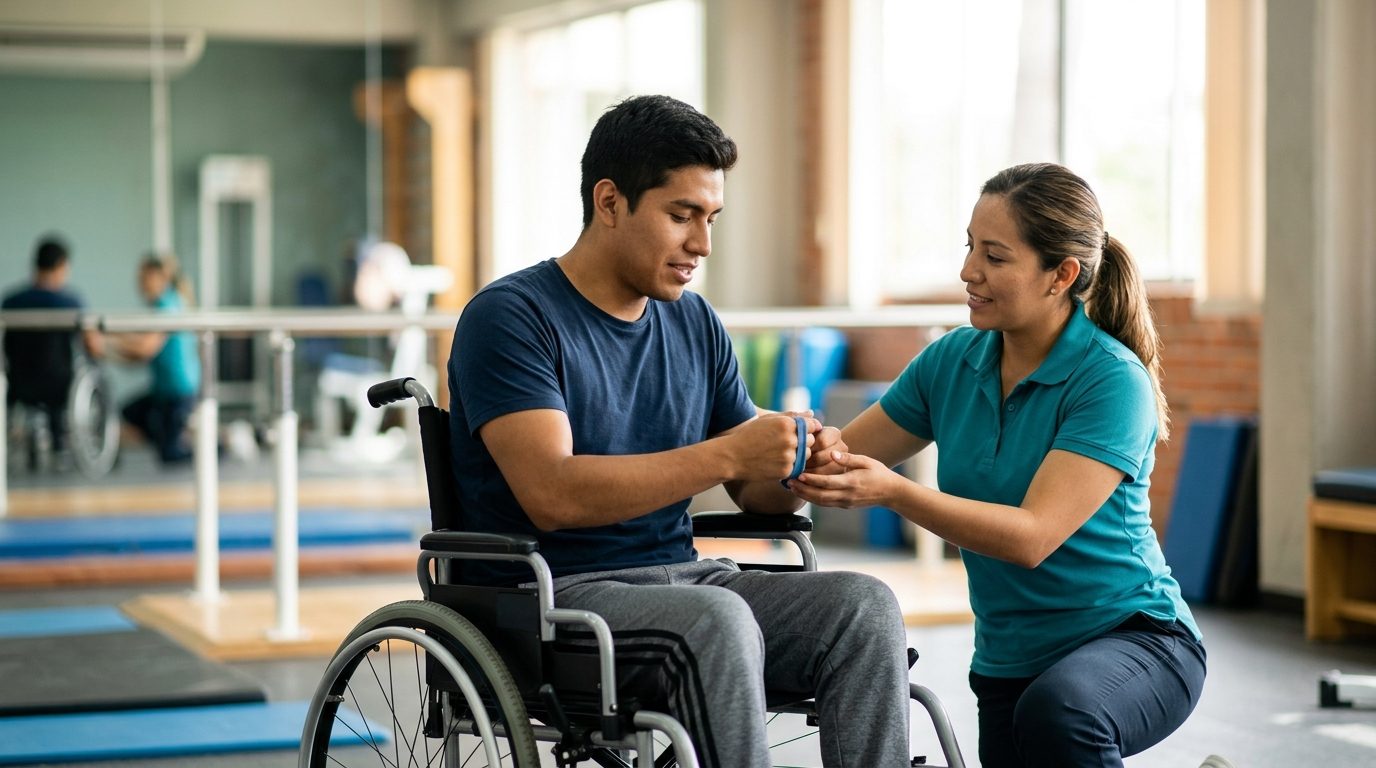 Joven en silla de ruedas durante sesión de rehabilitación de lesión medular con fisioterapeuta.