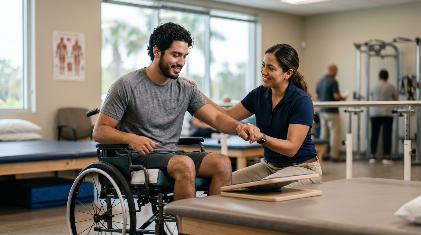 Joven en silla de ruedas durante sesión de rehabilitación de lesión medular con fisioterapeuta.
