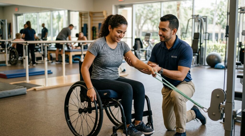 Joven en silla de ruedas junto a fisioterapeuta durante rehabilitación en un gimnasio.