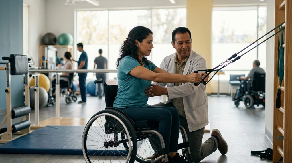 Joven en silla de ruedas junto a fisioterapeuta en gimnasio de rehabilitación de lesiones medulares.