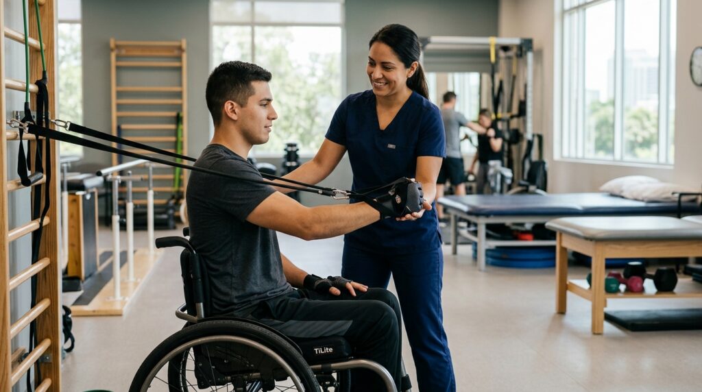 Joven en silla de ruedas junto a fisioterapeuta en gimnasio de rehabilitación de lesiones medulares.
