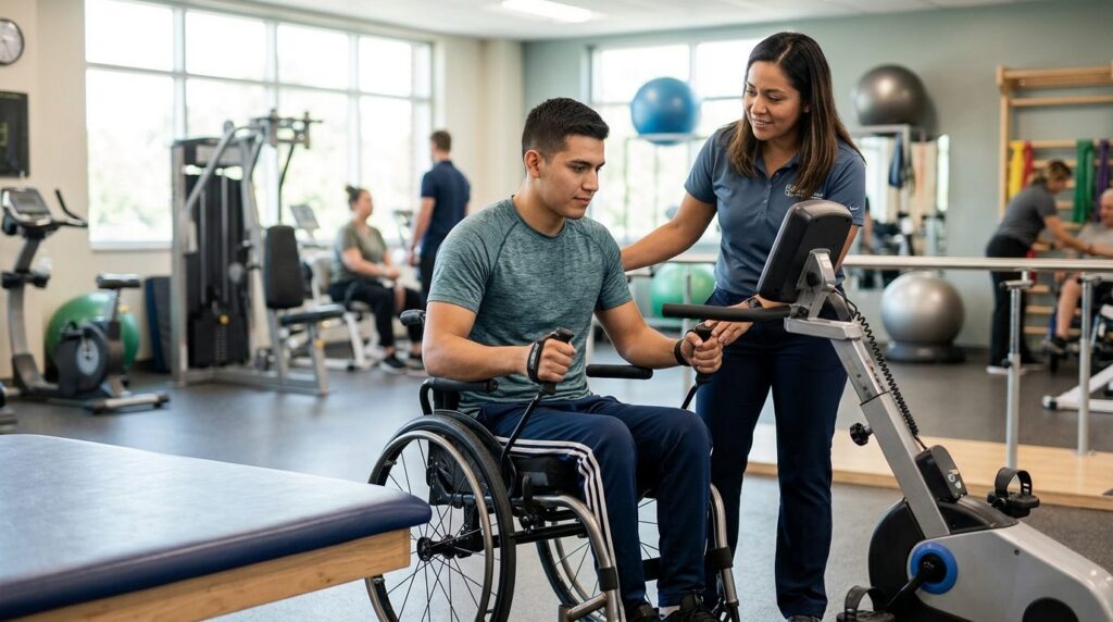 Joven en silla de ruedas junto a fisioterapeuta en gimnasio de rehabilitación de lesiones medulares.