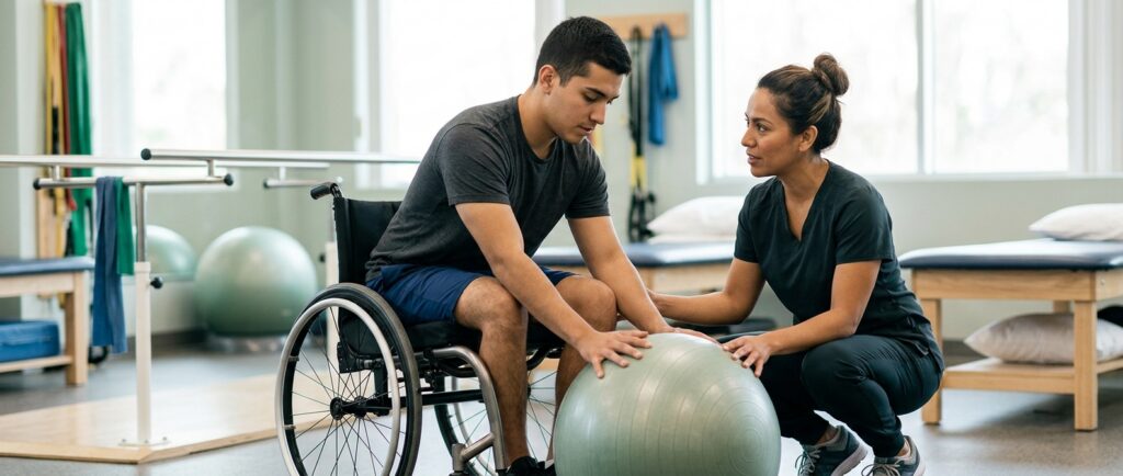 Joven en silla de ruedas junto a fisioterapeuta en gimnasio de rehabilitación de lesiones medulares.