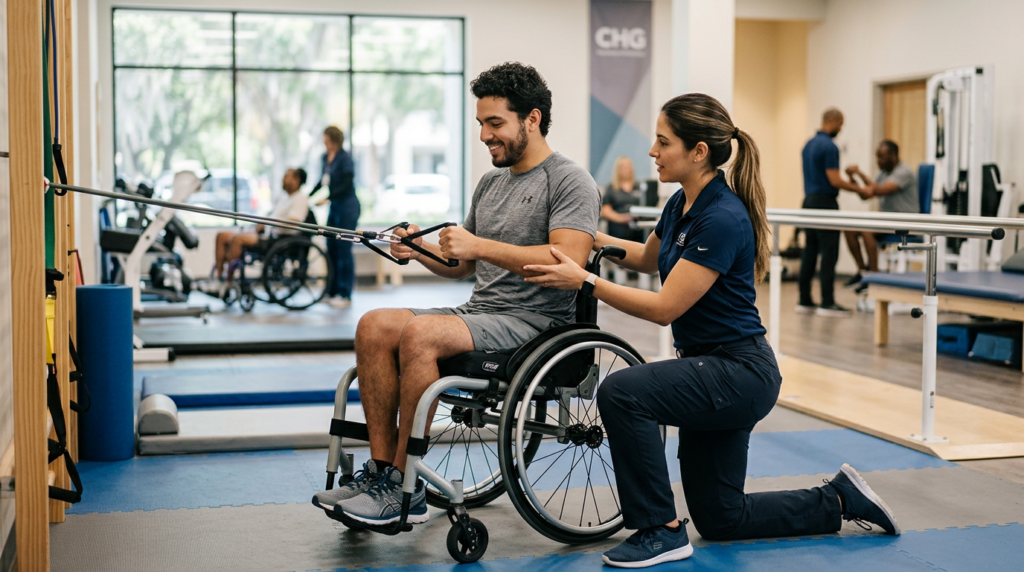 Joven en silla de ruedas junto a fisioterapeuta en gimnasio de rehabilitación por lesión medular.