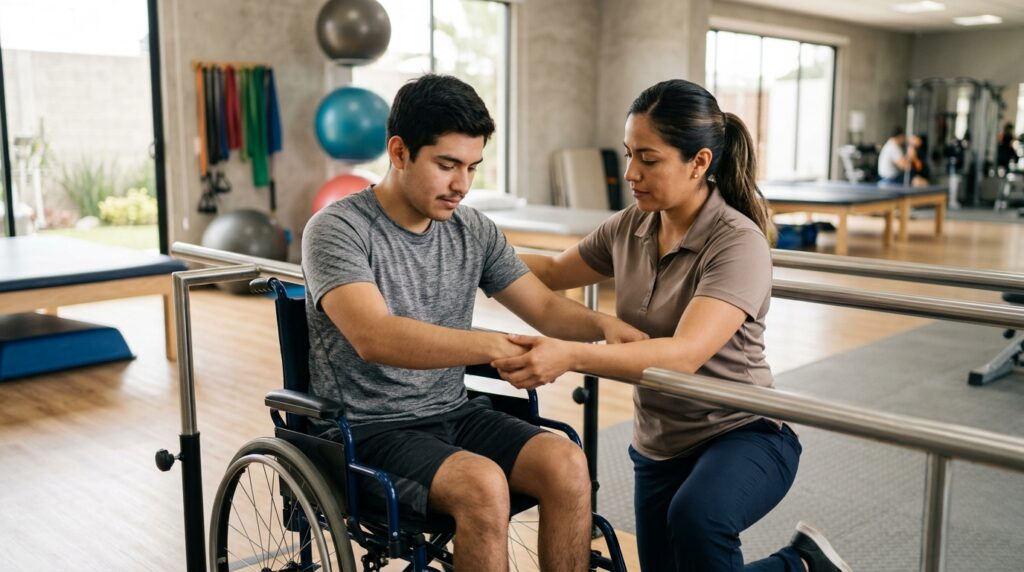 Joven en silla de ruedas junto a fisioterapeuta en gimnasio de rehabilitación por lesión medular.