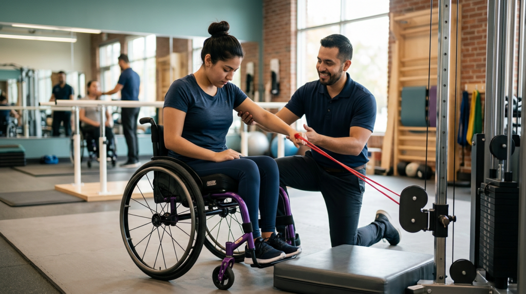 Joven en silla de ruedas junto a fisioterapeuta en gimnasio de rehabilitación de lesión medular.