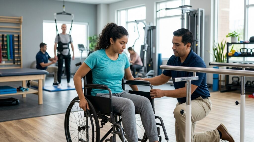 Joven en silla de ruedas junto a fisioterapeuta en gimnasio de rehabilitación de lesiones medulares.