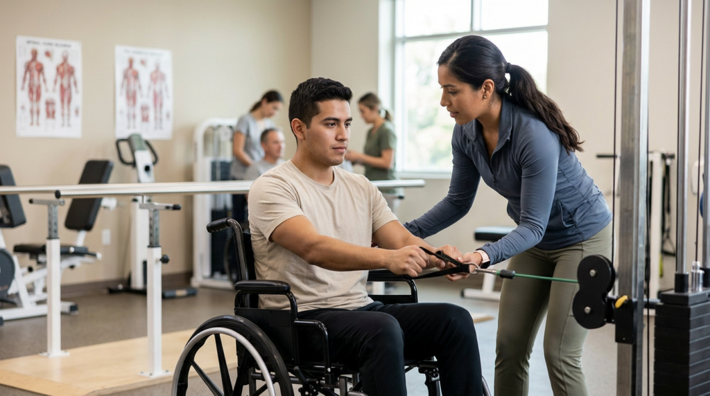 Joven en silla de ruedas junto a fisioterapeuta en gimnasio de rehabilitación de lesiones medulares.