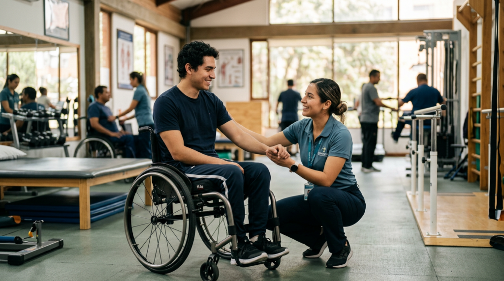 Joven en silla de ruedas junto a fisioterapeuta en gimnasio de rehabilitación de lesiones de columna.