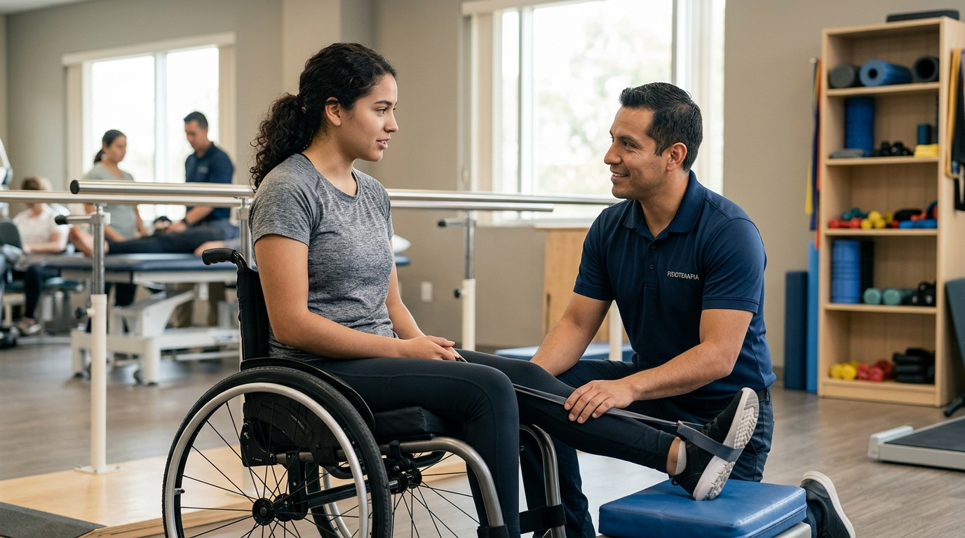 Joven en silla de ruedas junto a fisioterapeuta en gimnasio de rehabilitación de lesiones medulares.