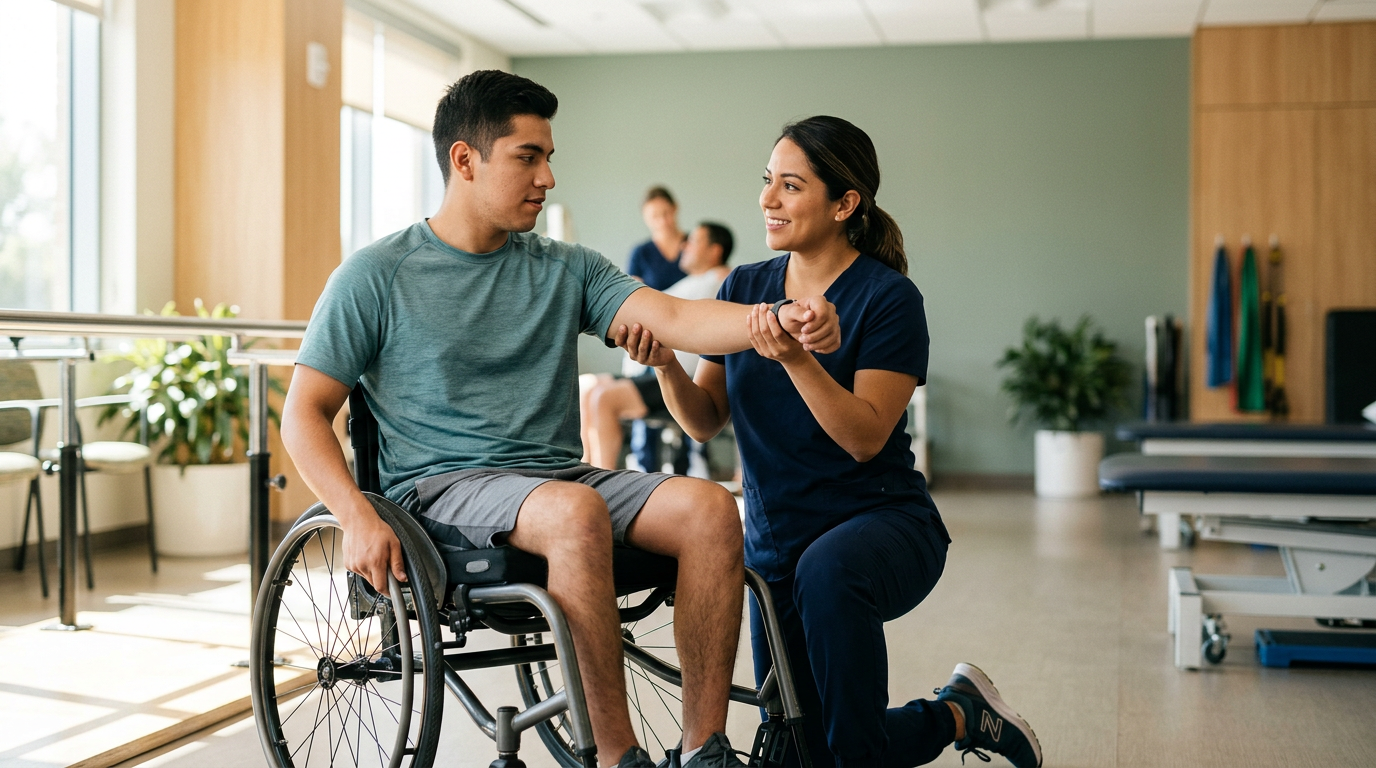 Joven en silla de ruedas junto a fisioterapeuta en gimnasio de rehabilitación de lesiones medulares.