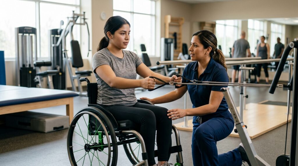 Joven en silla de ruedas junto a fisioterapeuta en gimnasio de rehabilitación de lesiones medulares.