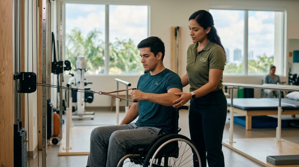 Joven en silla de ruedas junto a fisioterapeuta en gimnasio de rehabilitación de lesiones medulares.