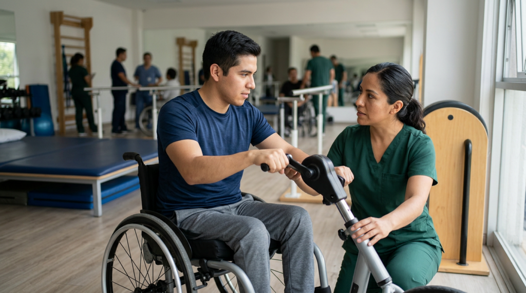 Joven en silla de ruedas junto a fisioterapeuta en gimnasio de rehabilitación de lesiones medulares.