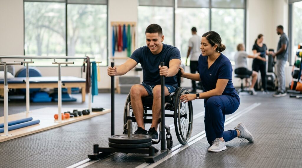 Joven en silla de ruedas junto a fisioterapeuta en gimnasio de rehabilitación de lesiones medulares.
