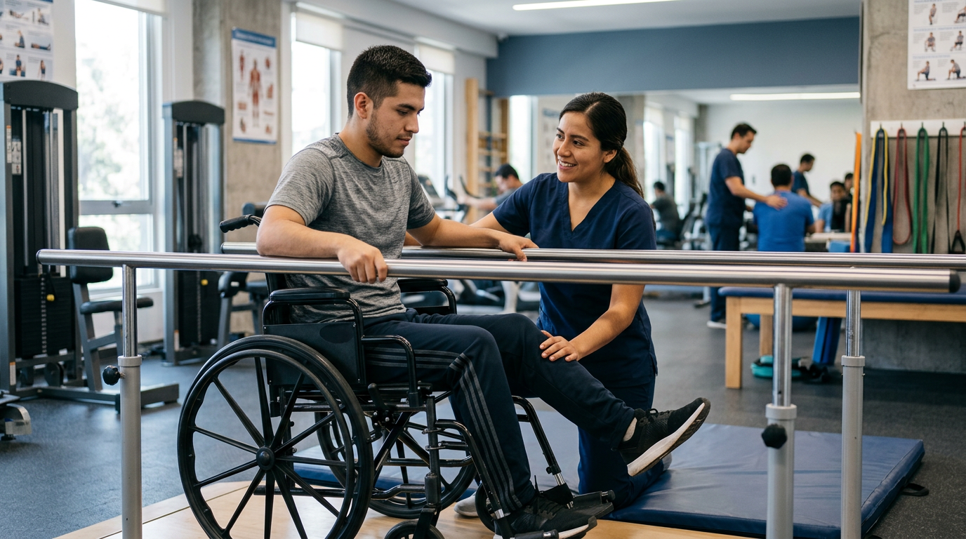 Joven en silla de ruedas junto a fisioterapeuta en gimnasio de rehabilitación de lesión medular.