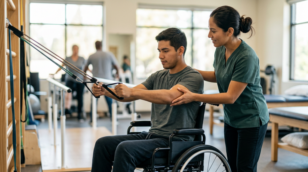 Joven en silla de ruedas junto a fisioterapeuta en gimnasio de rehabilitación de lesiones medulares.