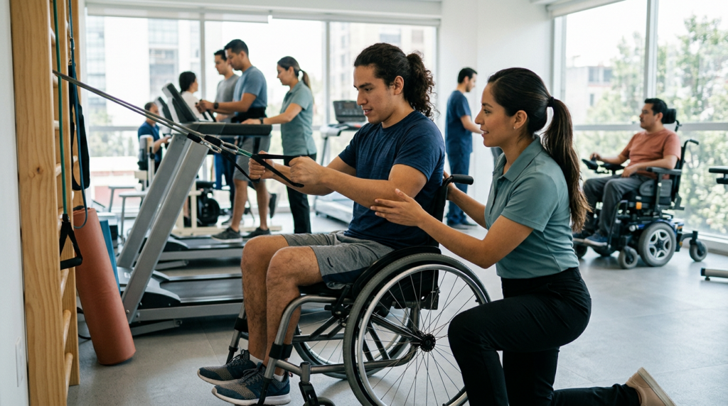 Joven en silla de ruedas junto a fisioterapeuta en gimnasio de rehabilitación de lesiones medulares.