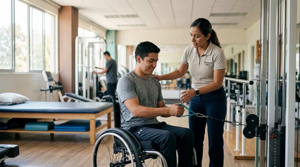 Joven en silla de ruedas junto a fisioterapeuta en gimnasio de rehabilitación por lesión medular.