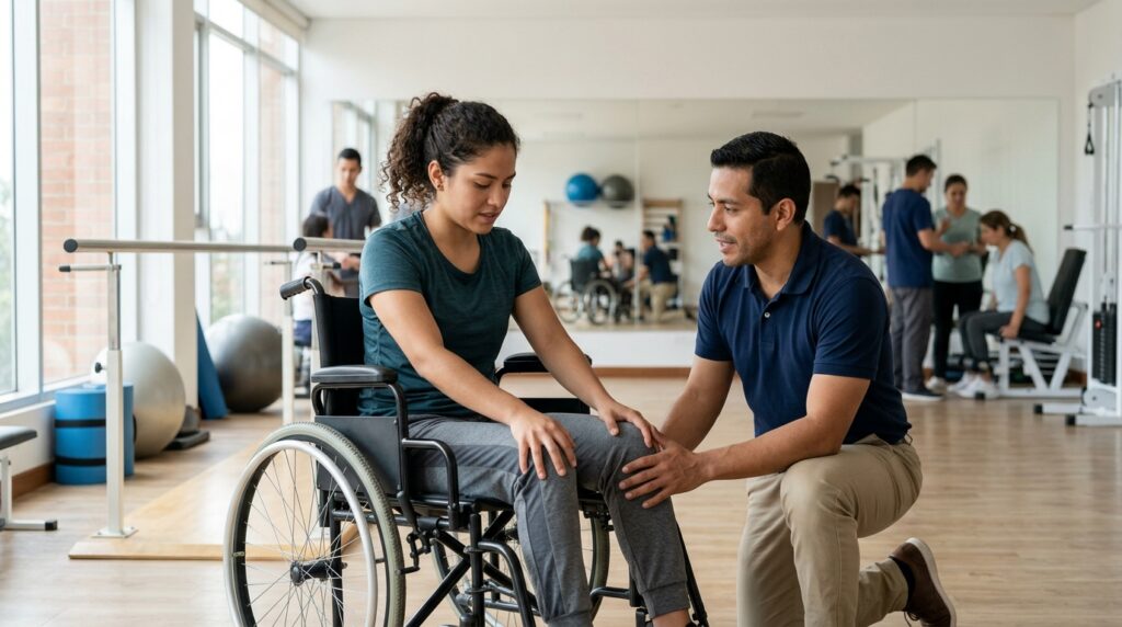 Joven en silla de ruedas junto a fisioterapeuta en gimnasio de rehabilitación de lesiones medulares.