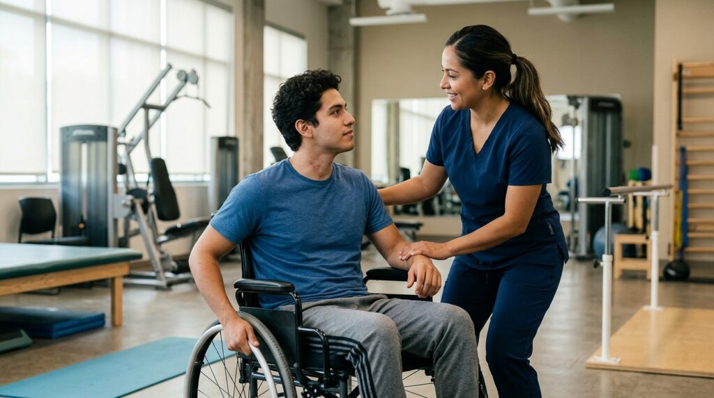 Joven en silla de ruedas junto a fisioterapeuta en gimnasio de rehabilitación de lesiones medulares.