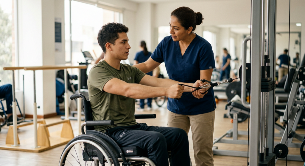 Joven en silla de ruedas junto a fisioterapeuta en gimnasio de rehabilitación de lesiones medulares.
