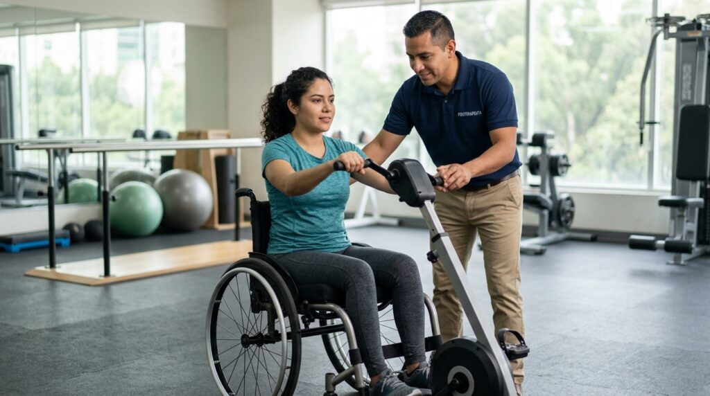 Joven en silla de ruedas junto a fisioterapeuta en gimnasio de rehabilitación de lesiones medulares.
