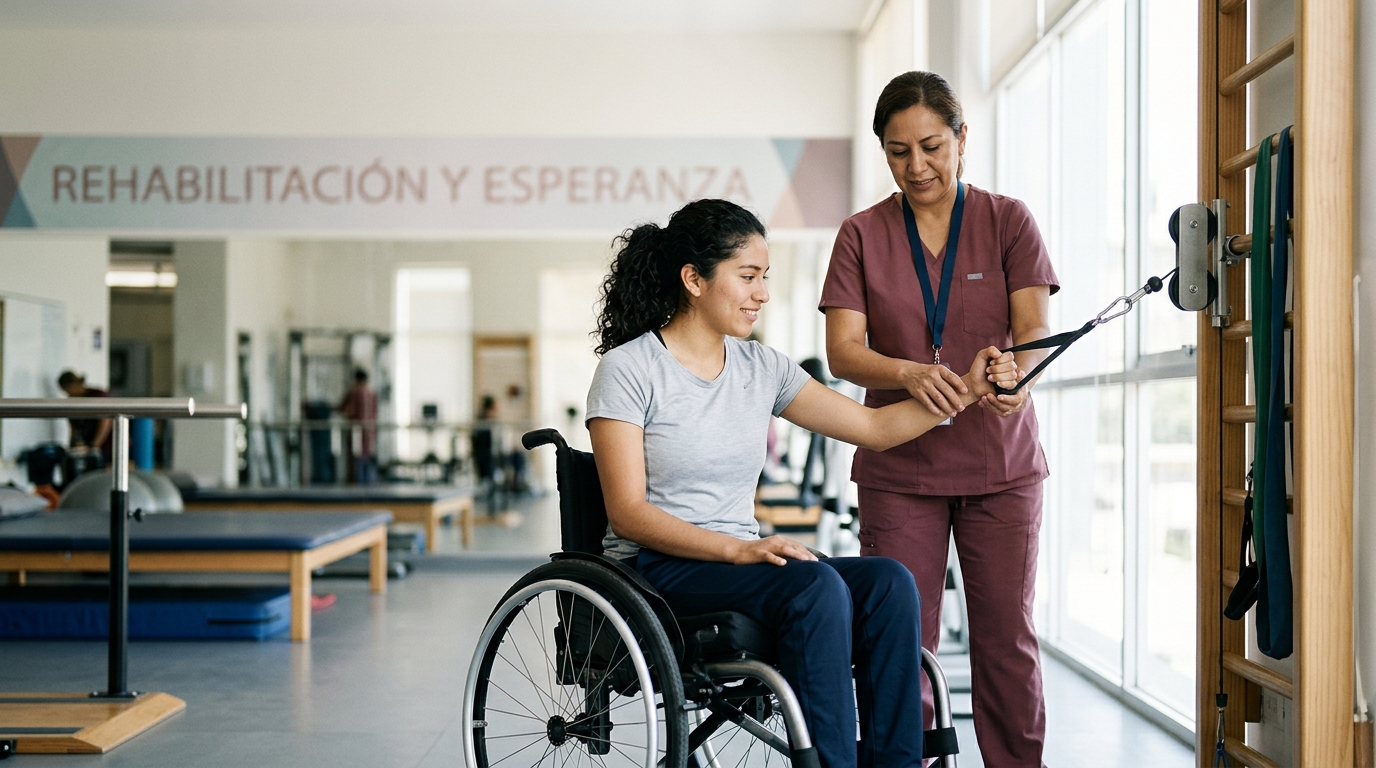 Joven en silla de ruedas junto a fisioterapeuta en gimnasio de rehabilitación de lesión medular.