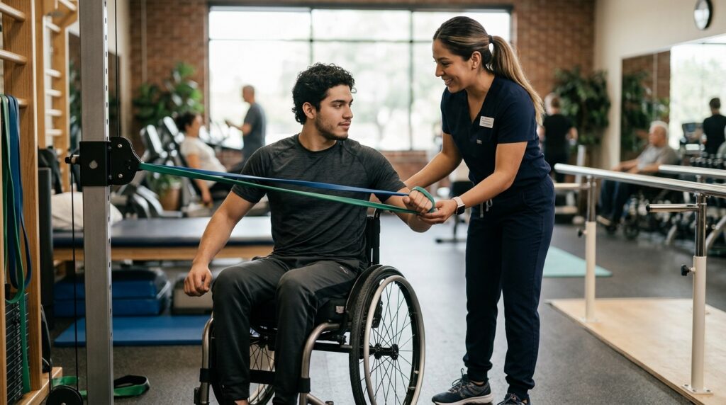 Joven en silla de ruedas junto a fisioterapeuta en gimnasio de rehabilitación de lesiones medulares.