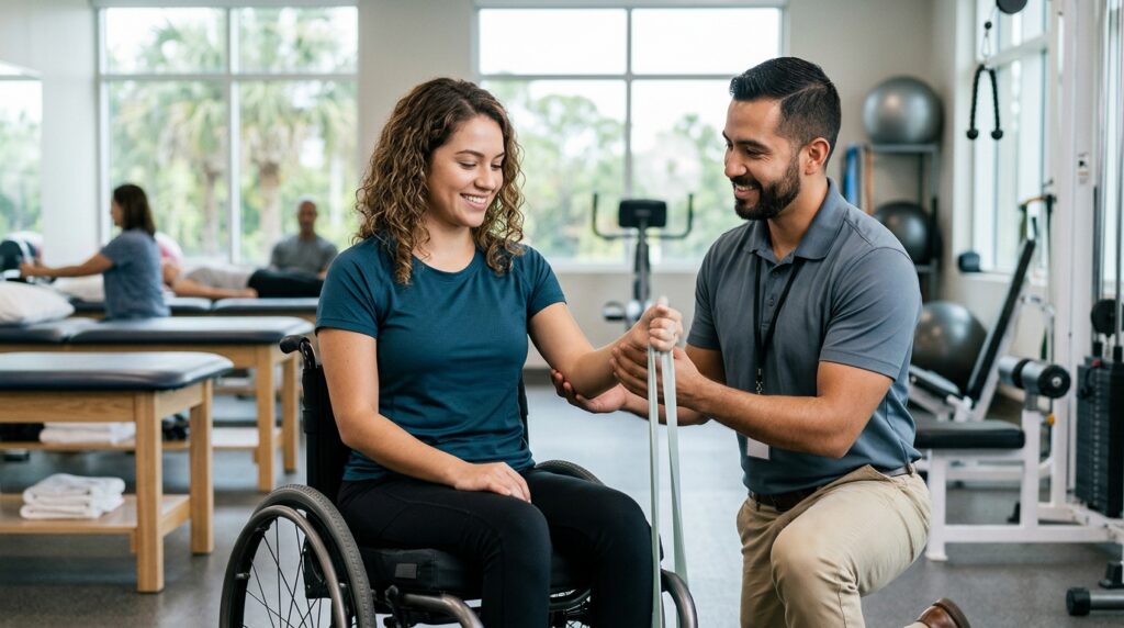 Joven en silla de ruedas junto a fisioterapeuta en gimnasio de rehabilitación de lesiones medulares.