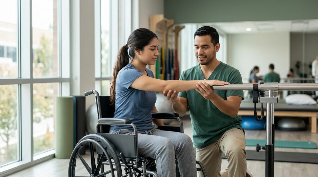 Joven en silla de ruedas junto a fisioterapeuta en gimnasio de rehabilitación de lesiones medulares.