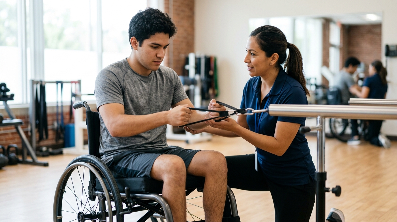 Joven en silla de ruedas junto a fisioterapeuta en gimnasio de rehabilitación por lesión de columna.