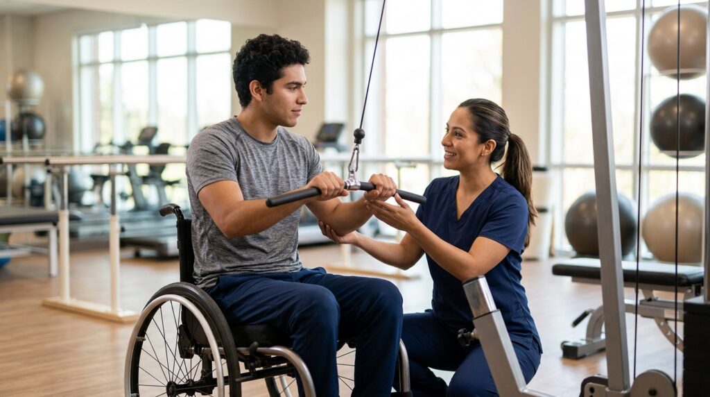 Joven en silla de ruedas junto a fisioterapeuta en gimnasio de rehabilitación de lesiones medulares.