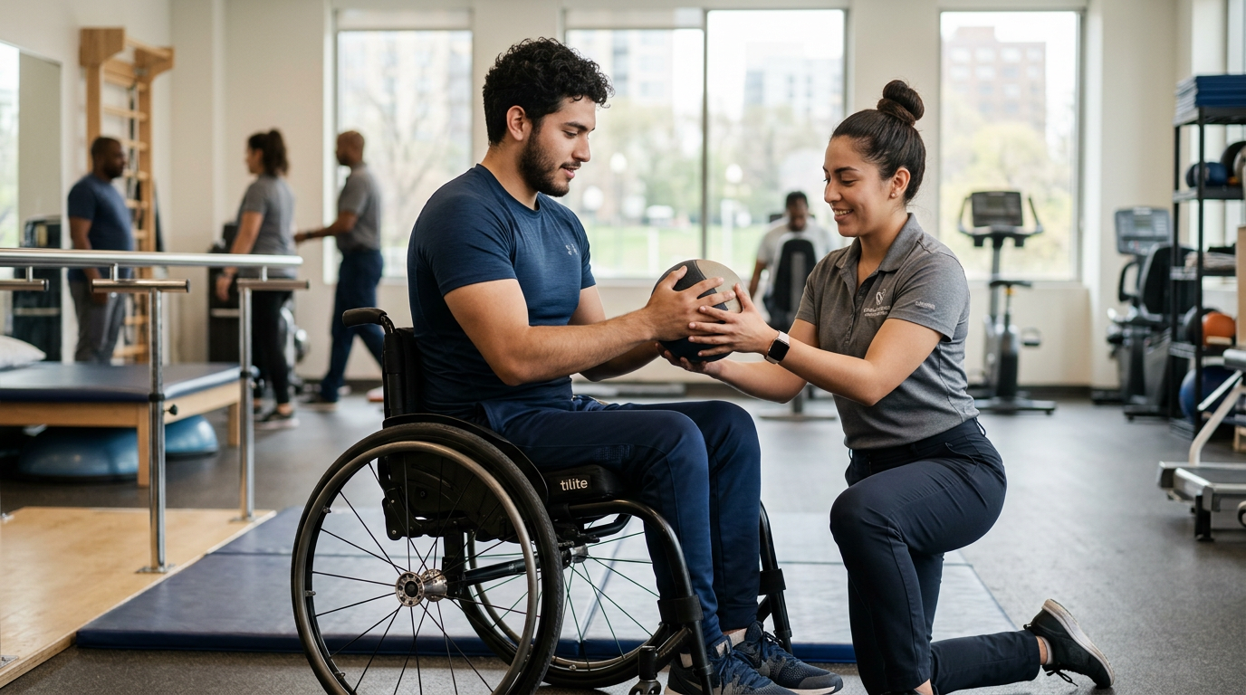 Joven en silla de ruedas junto a fisioterapeuta en gimnasio de rehabilitación de lesiones medulares.