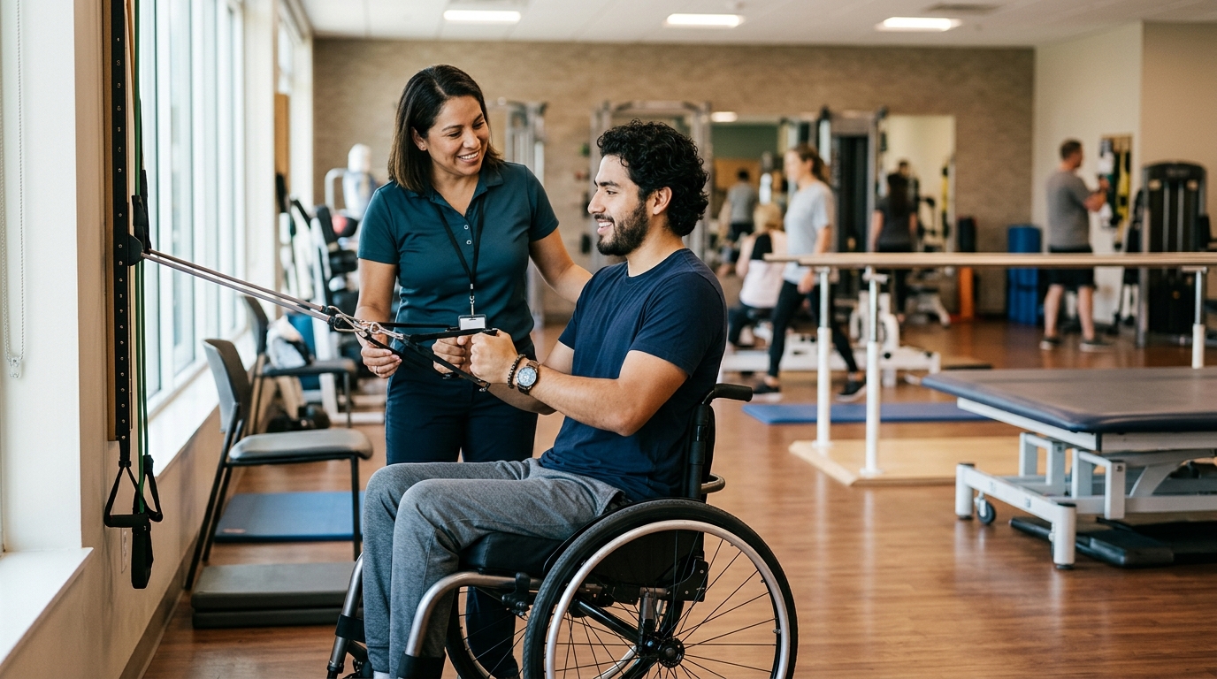 Joven en silla de ruedas junto a fisioterapeuta en gimnasio de rehabilitación de lesiones medulares.