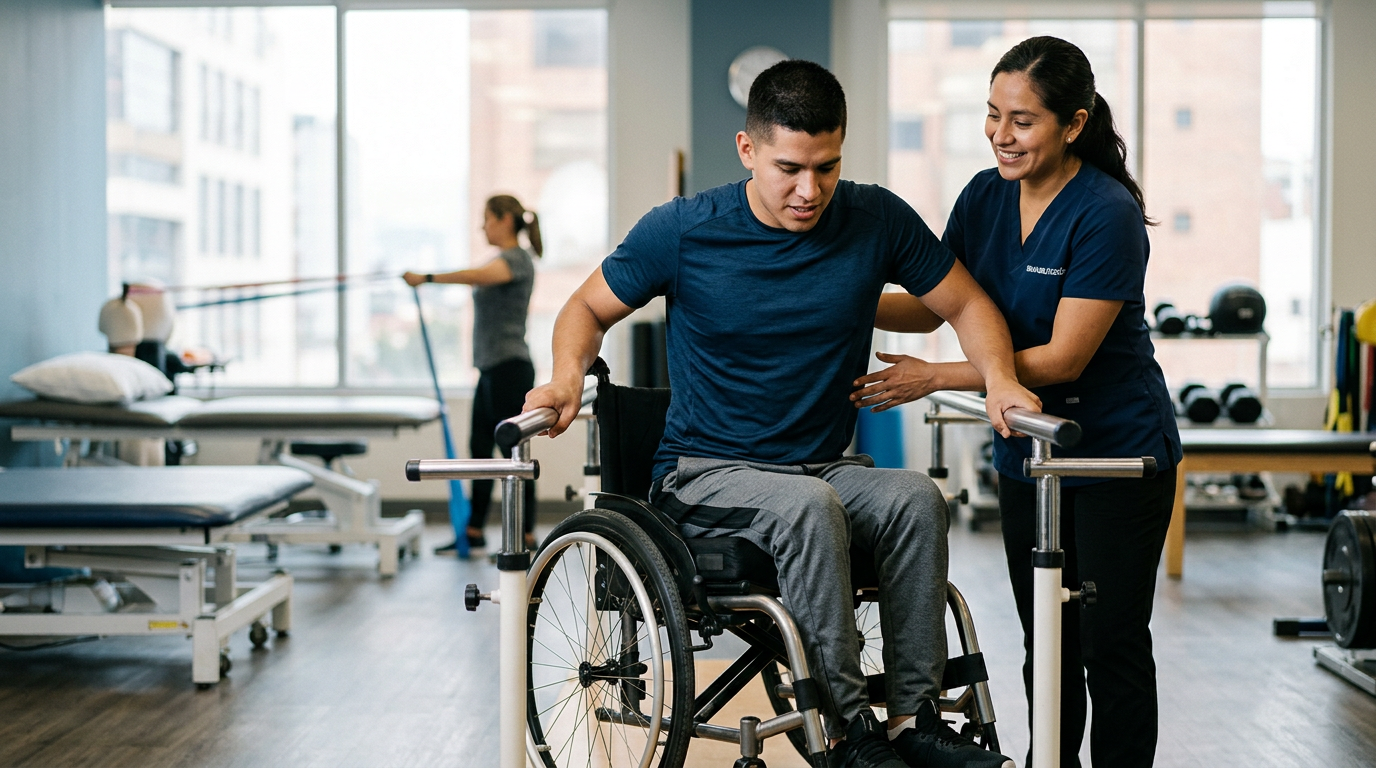 Joven en silla de ruedas junto a fisioterapeuta en gimnasio de rehabilitación por lesión medular.