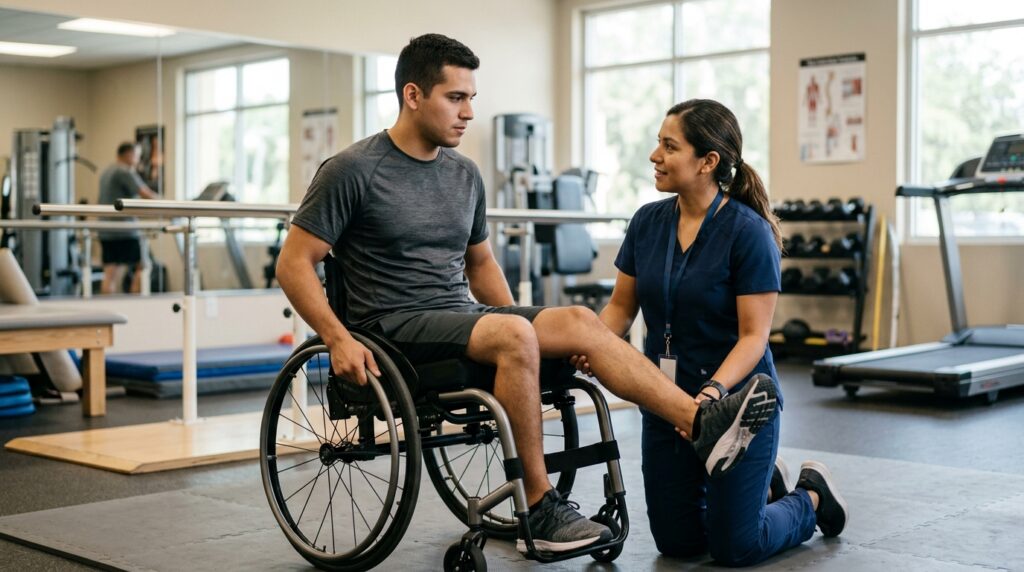 Joven en silla de ruedas junto a fisioterapeuta en gimnasio de rehabilitación por lesión medular.