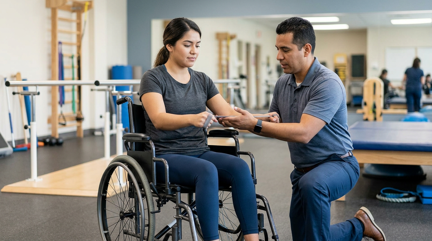 Joven en silla de ruedas junto a fisioterapeuta en gimnasio de rehabilitación de lesiones medulares.