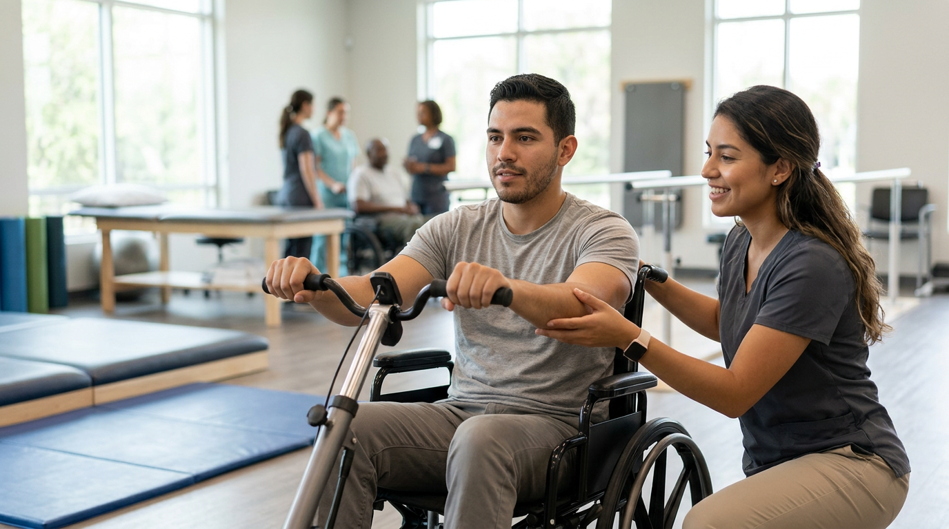 Joven en silla de ruedas junto a fisioterapeuta en gimnasio de rehabilitación de lesión medular.