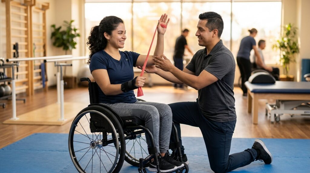 Joven en silla de ruedas junto a fisioterapeuta en gimnasio de rehabilitación de lesión medular.